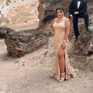 White runaway Gold dress